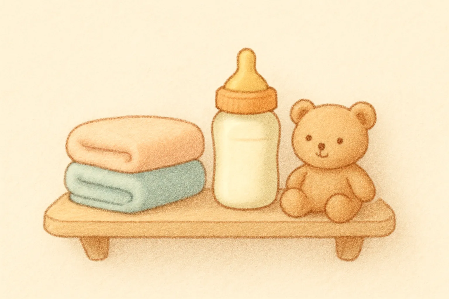 수건과 젖병, 인형이 정리된 선반 그림